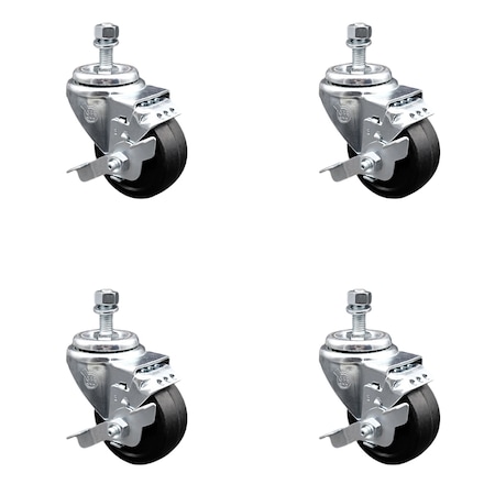 Service Caster 3.5 Inch SS Soft Rubber Wheel Swivel 1/2 Inch Threaded Stem Caster Set Brake SCC SCC-SSTS20S3514-SRS-TLB-121315-4
